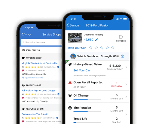 VEHTUBEPRO Car Care mobile dashboard showing multiple views.